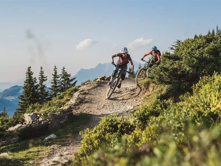zwei Mountainbiker die den Berh herunterfahren